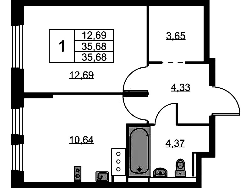 1-комнатная квартира 35.68 м², 9/11 эт., ЖК «Новое Колпино»